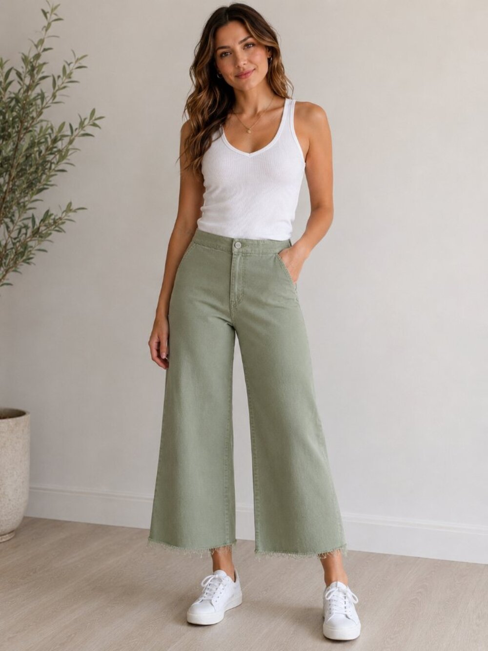 OAT New York Sage Green Wide Leg Raw Hem Pants Size 6/28